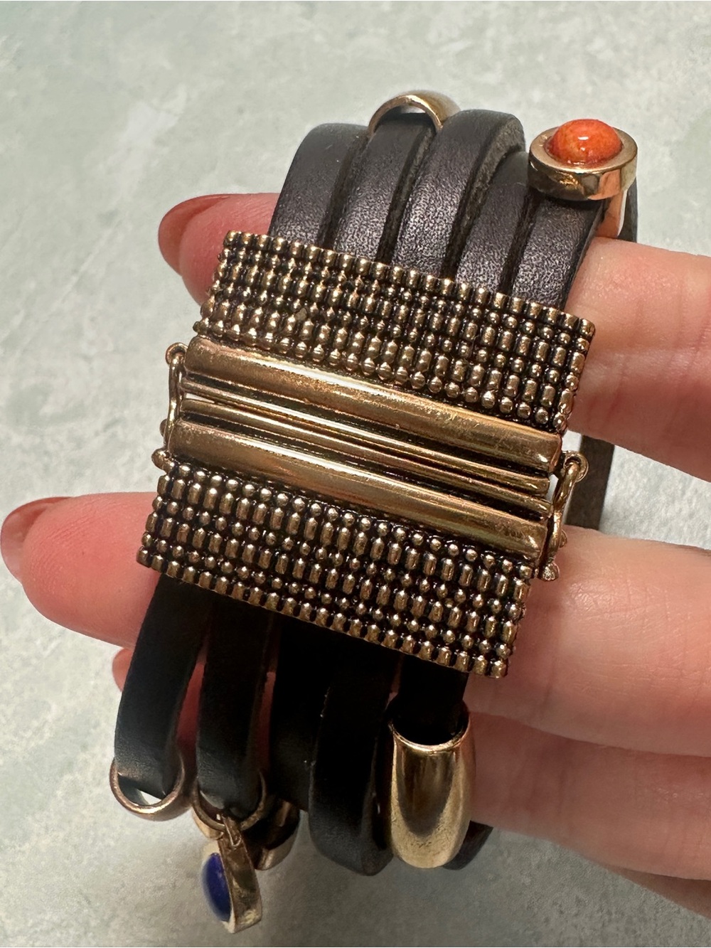 Barse Multi-Stone Black Leather Wrap Bracelet with Gold Accents - Picture 3 of 7